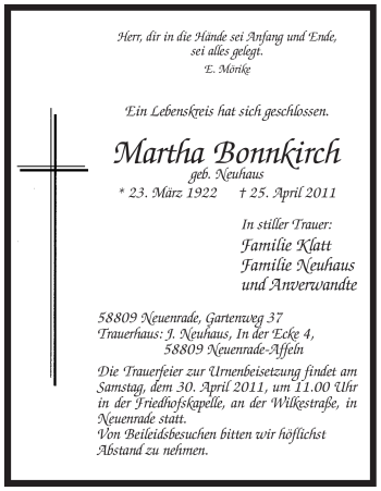 Traueranzeige von Martha Bonnkirch von Tageszeitung
