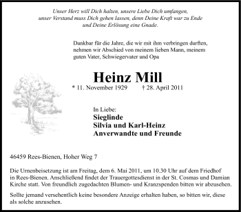 Traueranzeige von Heinz Mill von Tageszeitung