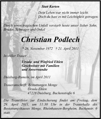 Traueranzeige von Christian Podlech von Tageszeitung