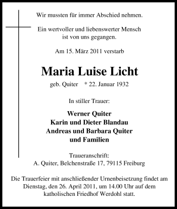 Traueranzeige von Maria Luise Licht von Tageszeitung