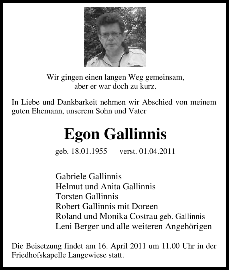  Traueranzeige für Egon Gallinnis vom 05.04.2011 aus Tageszeitung