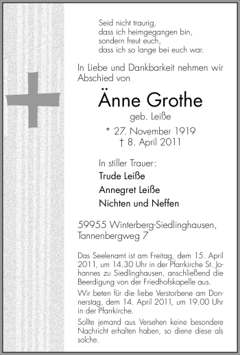 Traueranzeige von Änne Grothe von Tageszeitung