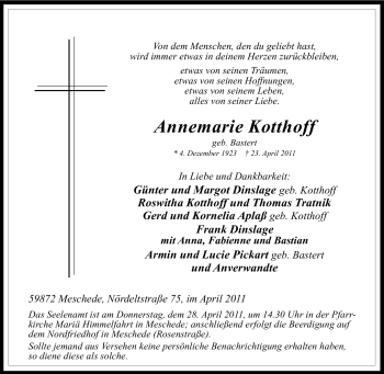 Traueranzeige von Annemarie Kotthoff von Tageszeitung