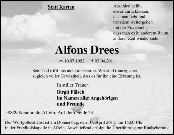 Traueranzeige von Alfons Drees von Tageszeitung