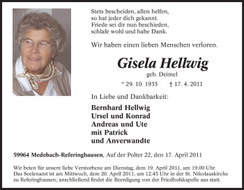 Traueranzeige von Gisela Hellwig von Tageszeitung