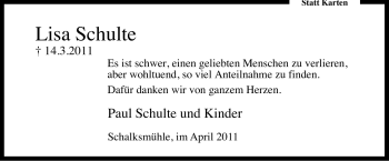 Traueranzeige von Lisa Schulte von Tageszeitung