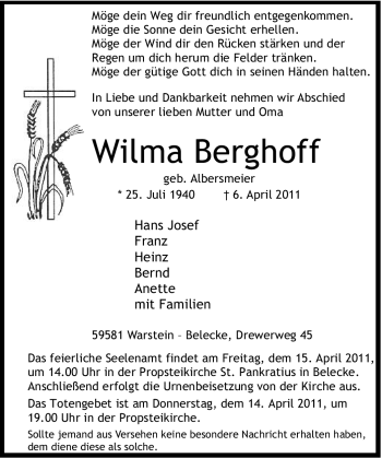 Traueranzeige von Wilma Berghoff von Tageszeitung