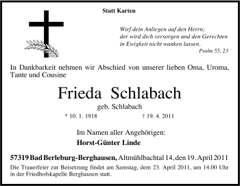 Traueranzeige von Frieda Schlabach von Tageszeitung