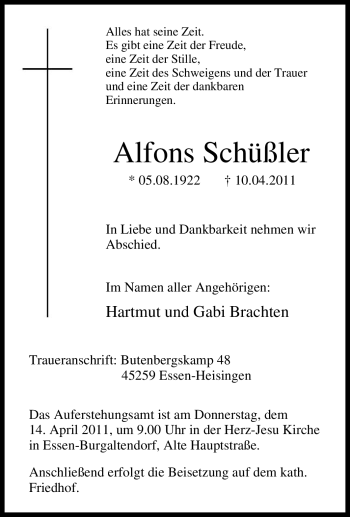 Traueranzeige von Alfons Schüßler von Tageszeitung