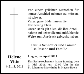 Traueranzeige von Helene Vitte von Tageszeitung