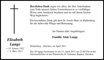 Traueranzeige von Elisabeth Lange von Tageszeitung