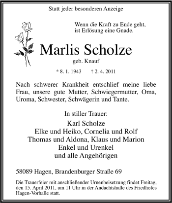 Traueranzeige von Marlis Scholze von Tageszeitung