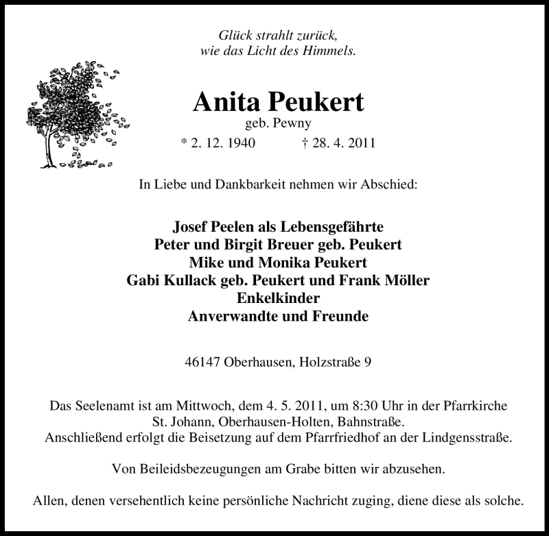  Traueranzeige für Anita Peukert vom 30.04.2011 aus Tageszeitung