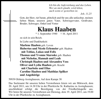 Traueranzeige von Klaus Haaben von Tageszeitung