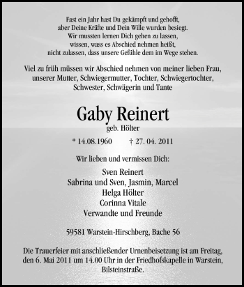 Traueranzeige von Gaby Reinert von Tageszeitung