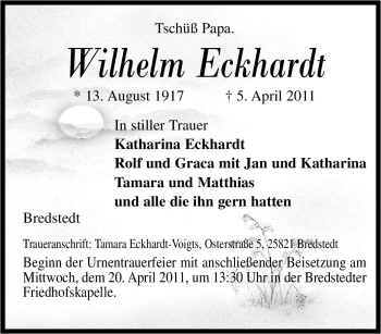 Traueranzeige von Wilhelm Eckhardt von Tageszeitung