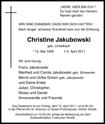 Traueranzeige von Christine Jakubowski von Tageszeitung