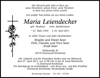 Traueranzeige von Maria Leiendecker von Tageszeitung