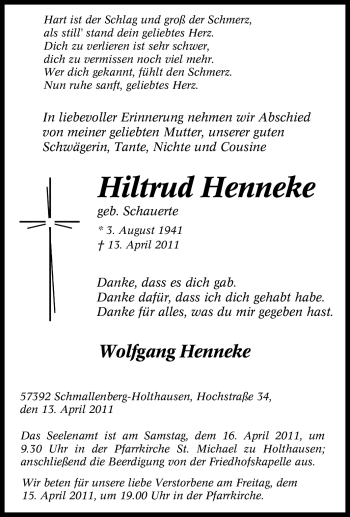 Traueranzeige von Hiltrud Henneke von Tageszeitung