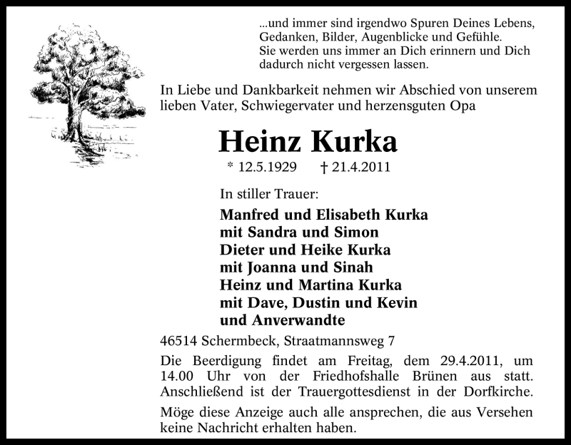  Traueranzeige für Heinz Kurka vom 26.04.2011 aus Tageszeitung