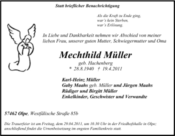 Traueranzeige von Mechthild Müller von Tageszeitung