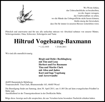Traueranzeige von Hiltrud Vogelsang-Baxmann von Tageszeitung