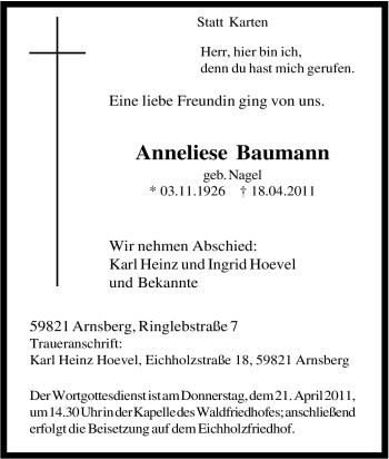 Traueranzeige von Anneliese Baumann von Tageszeitung