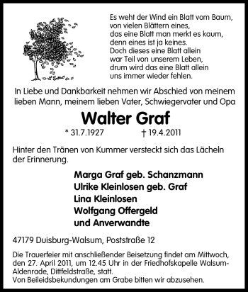 Traueranzeige von Walter Graf von Tageszeitung