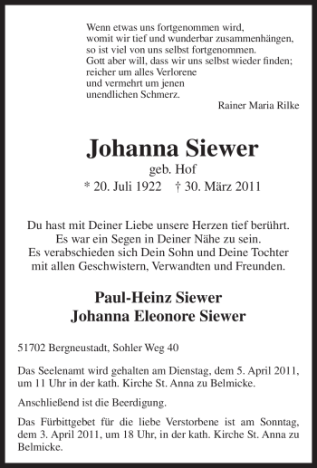 Traueranzeige von Johanna Siewer von Tageszeitung
