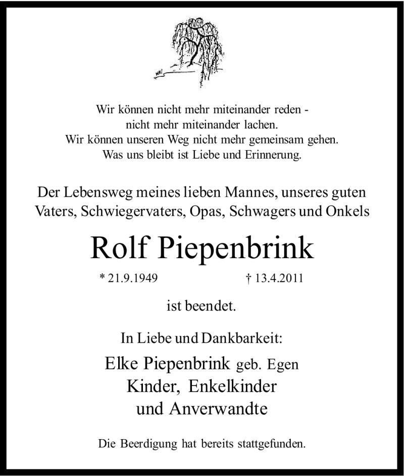  Traueranzeige für Rolf Piepenbrink vom 30.04.2011 aus Tageszeitung