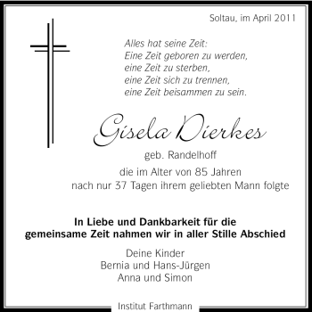 Traueranzeige von Gisela Dierkes von Tageszeitung