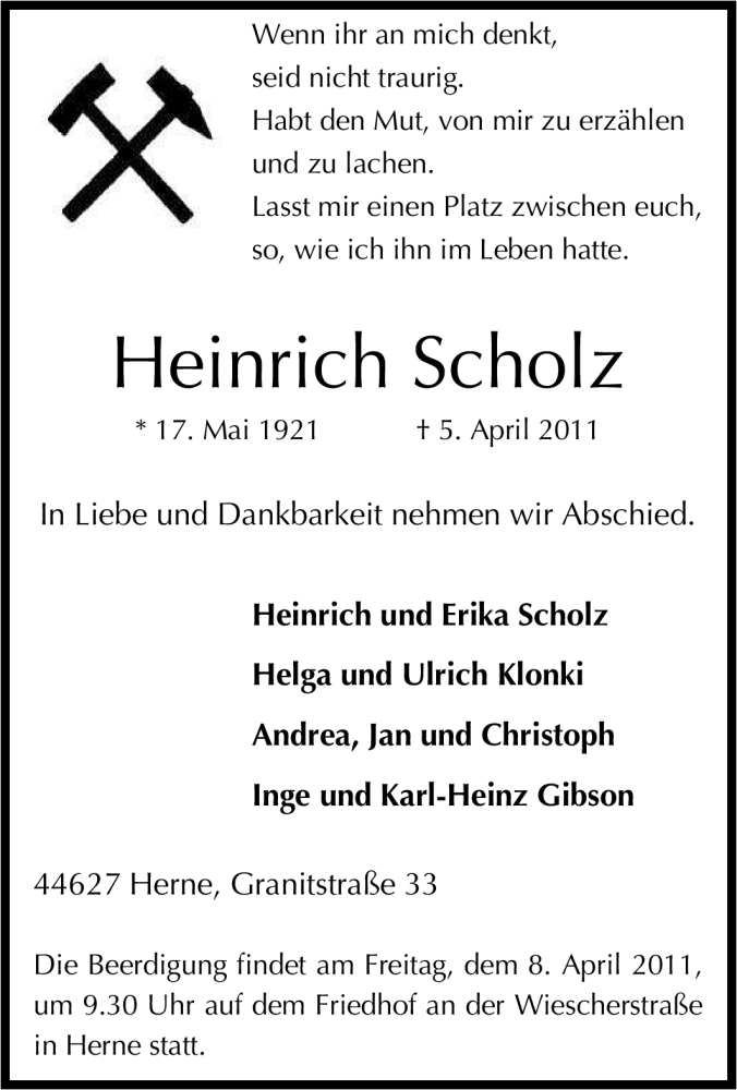 Traueranzeigen von Heinrich Scholz TrauerinNRW.de