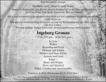 Traueranzeige von Ingeborg Gronau von Tageszeitung