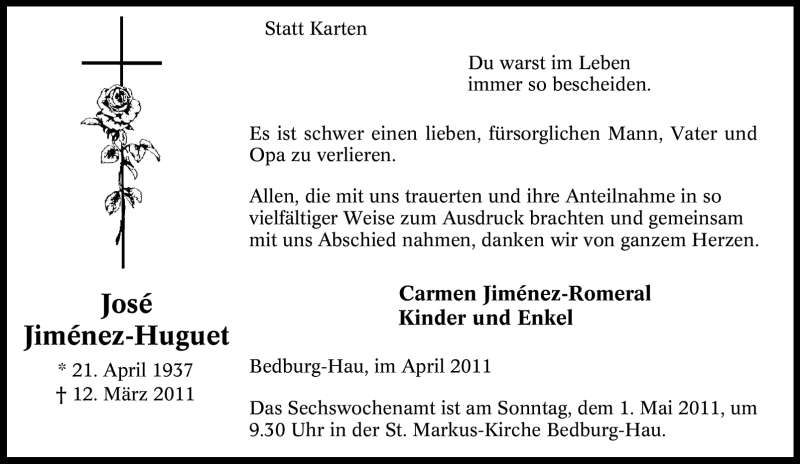  Traueranzeige für José Jiménez-Huguet vom 21.04.2011 aus Tageszeitung