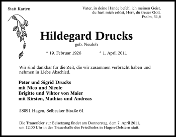 Traueranzeige von Hildegard Drucks von Tageszeitung