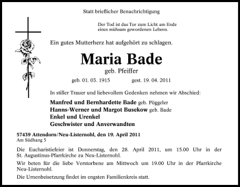 Traueranzeige von Maria Bade von Tageszeitung