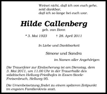 Traueranzeige von Hilde Callenberg von Tageszeitung