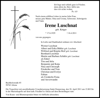 Traueranzeige von Irene Luschnat von Tageszeitung