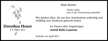 Traueranzeige von Dorothea Heuer von Tageszeitung