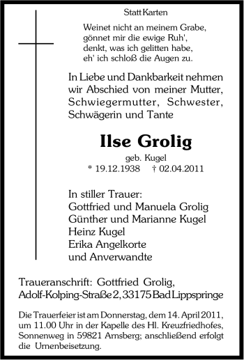 Traueranzeige von Ilse Grolig von Tageszeitung