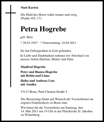 Traueranzeige von Petra Hogrebe von Tageszeitung