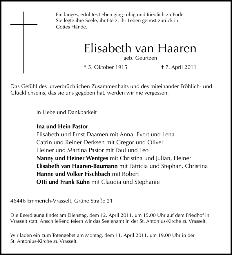  Traueranzeige für Elisabeth van Haaren vom 09.04.2011 aus Tageszeitung