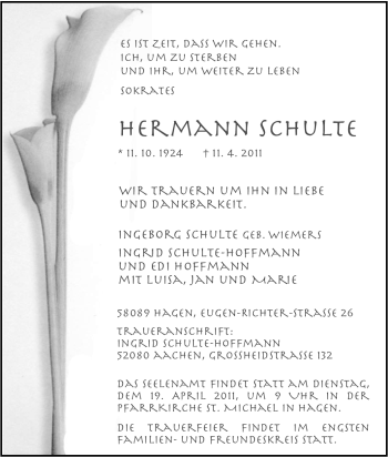 Traueranzeige von Hermann Schulte von Tageszeitung
