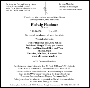 Traueranzeige von Hedwig Haubner von Tageszeitung
