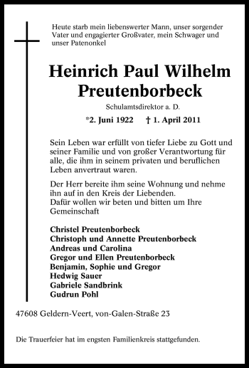Traueranzeige von Heinrich Paul Wilhelm Preutenborbeck von Tageszeitung