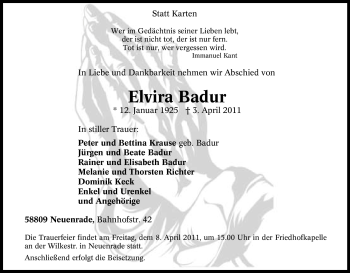 Traueranzeige von Elvira Badur von Tageszeitung
