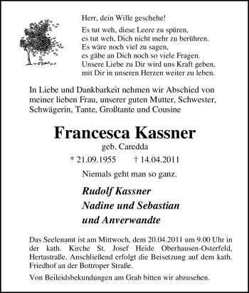 Traueranzeige von Francesca Kassner von Tageszeitung