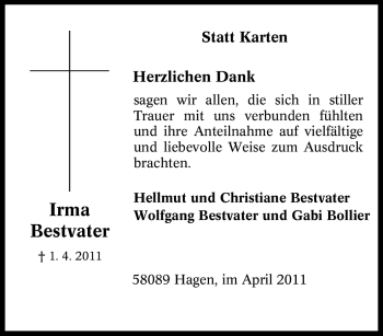 Traueranzeige von Irma Bestvater von Tageszeitung