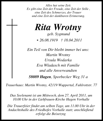 Traueranzeige von Rita Wrotny von Tageszeitung