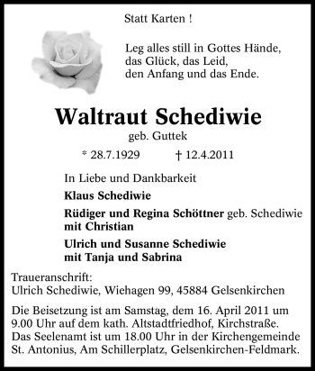 Traueranzeige von Waltraut Schediwie von Tageszeitung